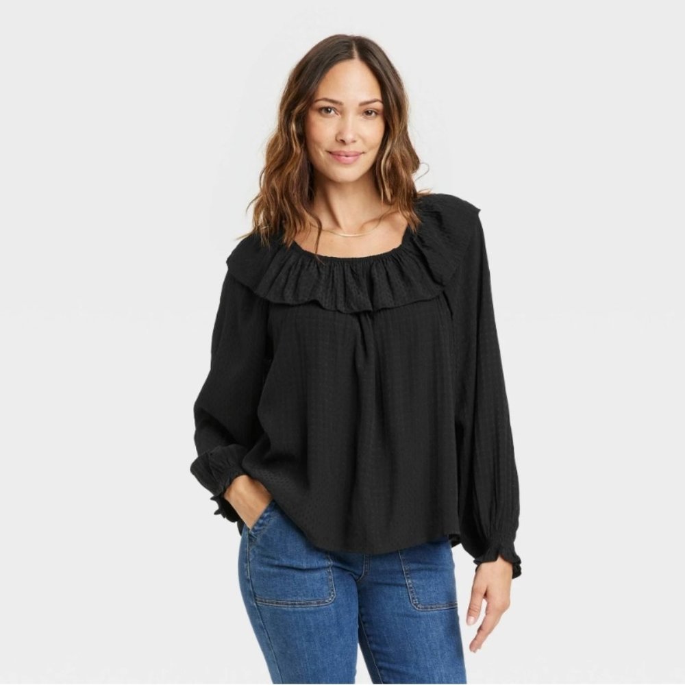 Women's Balloon Long Sleeve Ruffle Top - Knox Rose Black Size XX NWT Black 10